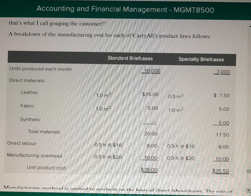 (2) Standard model unit product cost: $32.43 per unit "A dollar of