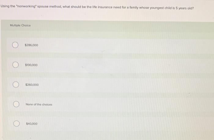  Using the "nonworking' spouse method, what should be the life insurance