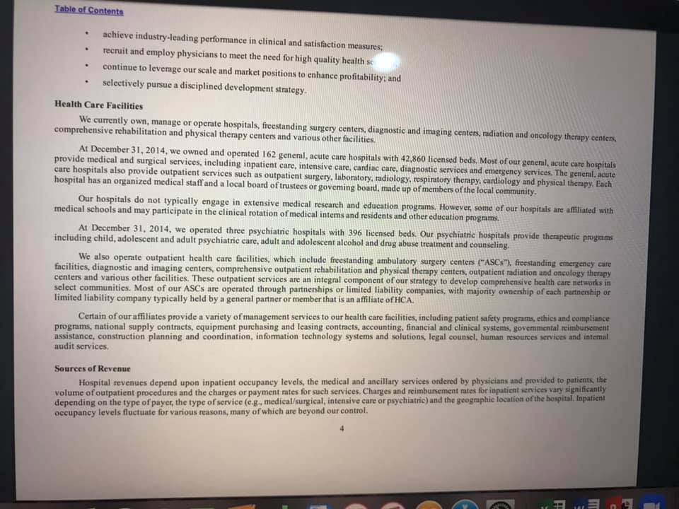 the HCA 10-Ks Business section (first 30 pages). Summarize the important issues