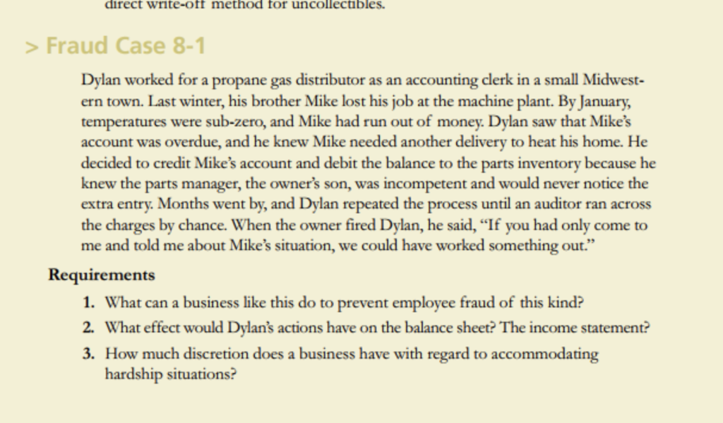  direct write-off method for uncollectibles Fraud Case 8-1 Dylan worked for