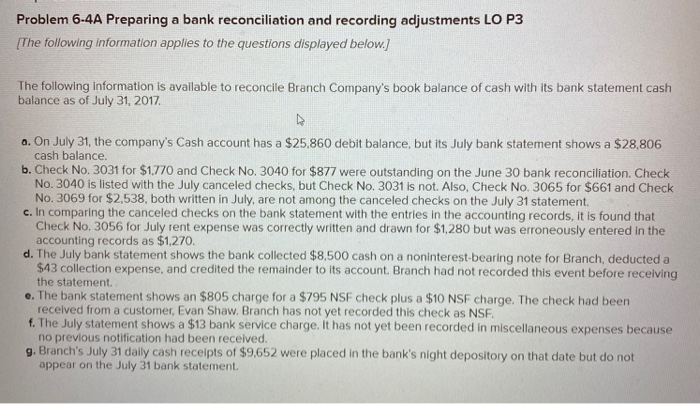  Problem 6-4A Preparing a bank reconciliation and recording adjustments LO P3