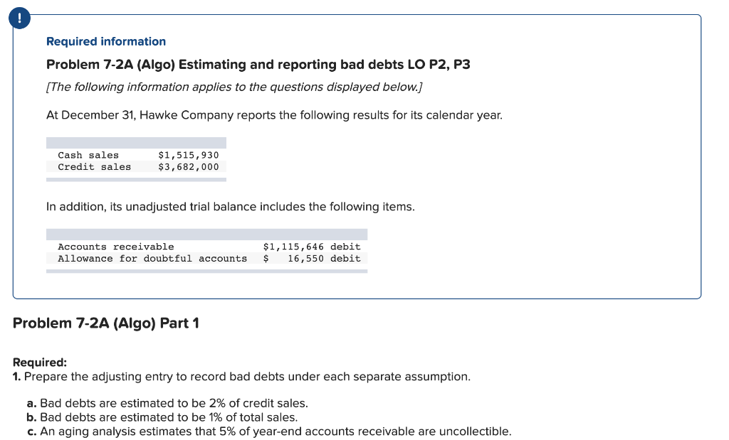  ! Required information Problem 7-2A (Algo) Estimating and reporting bad debts
