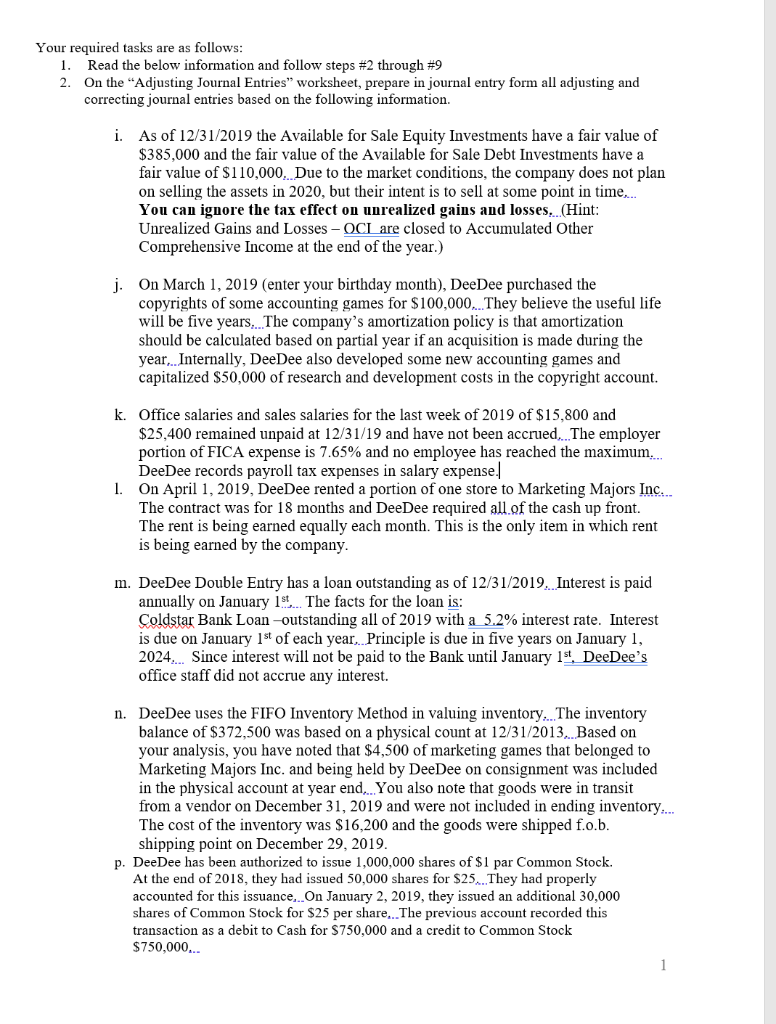 of Period Worksheet For the Year Ended December 31, 2019 Unadjusted Adjusted