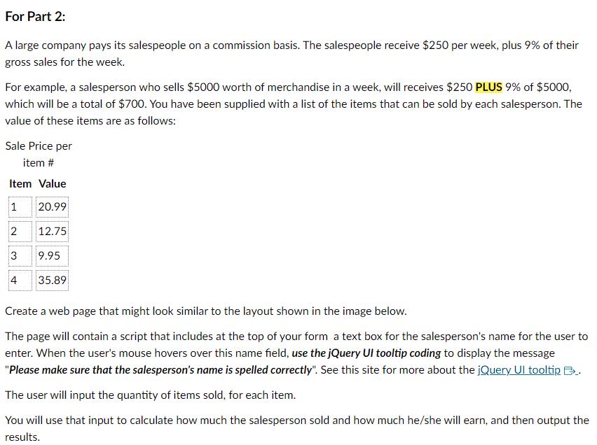 the heading: - hyperlink to Part 1 web page with a short