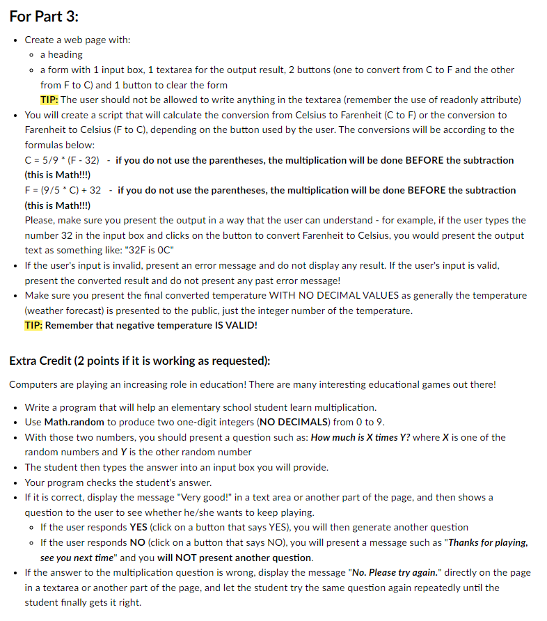 to Part 3 web page with a short description about what will