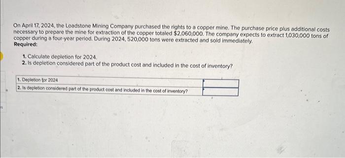 help pls? hw On April 17, 2024, the Loadstone Mining Company purchased