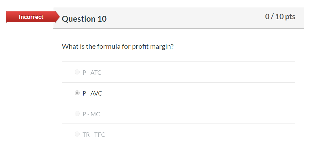  Incorrect Question 10 0/10 pts What is the formula for profit