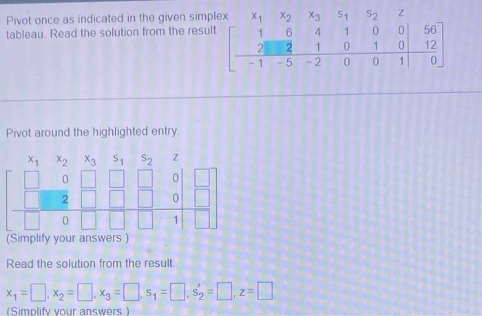  Pivot around the highlighted entry. Read the solution from the result