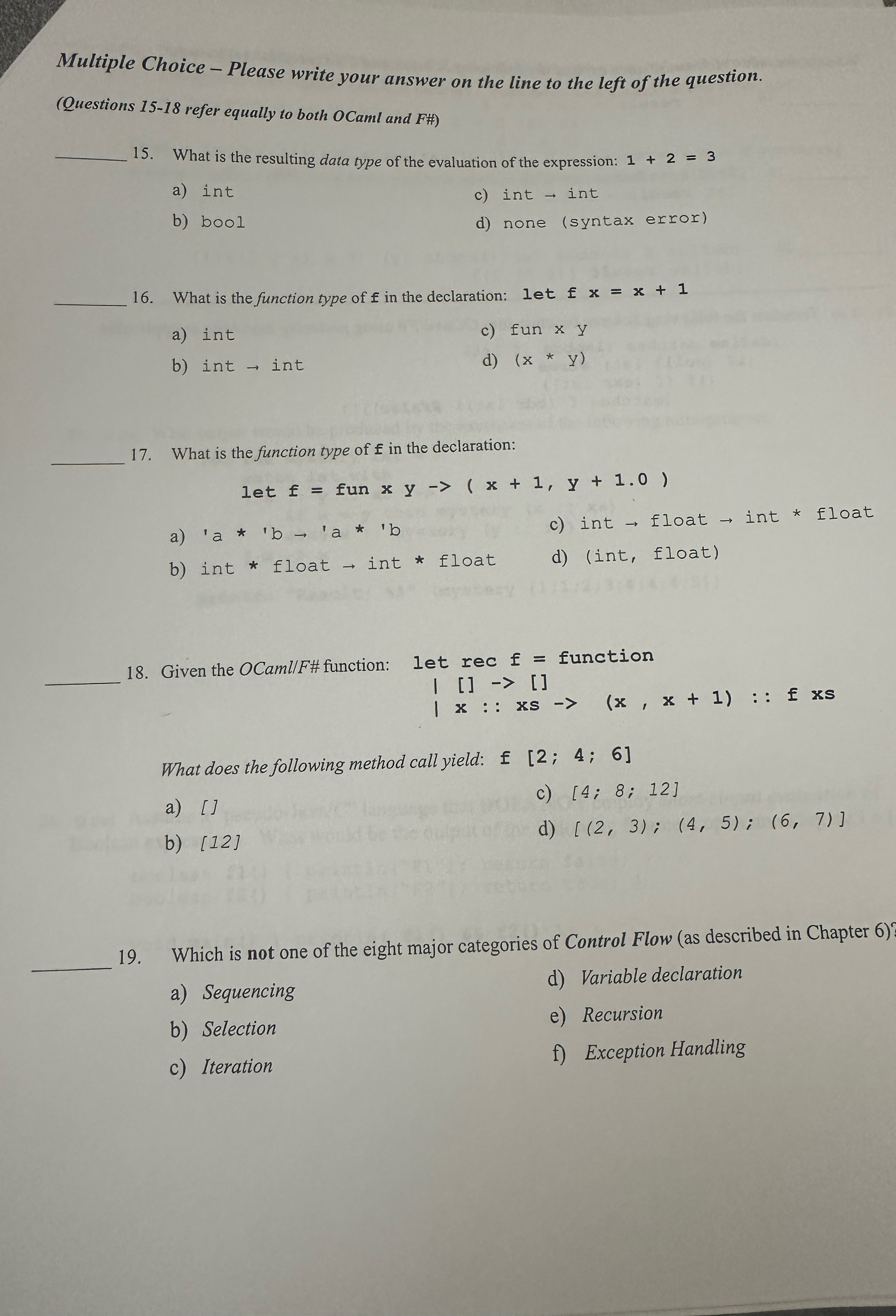  Multiple Choice - Please write your answer on the line to