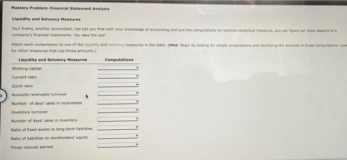  Mastery Problem: Financial Statement Analysis Liquidity and Solvency Measures Your friend,