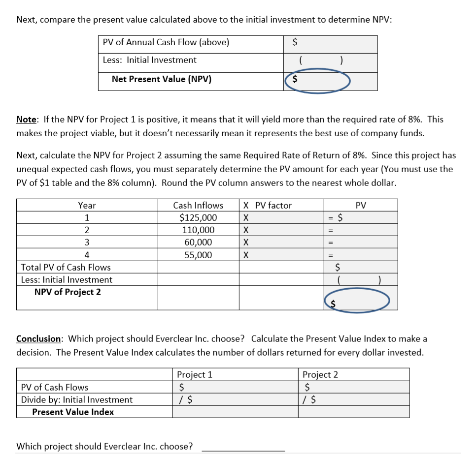 See circle on printed exercise. If NPV is negative, place a minus