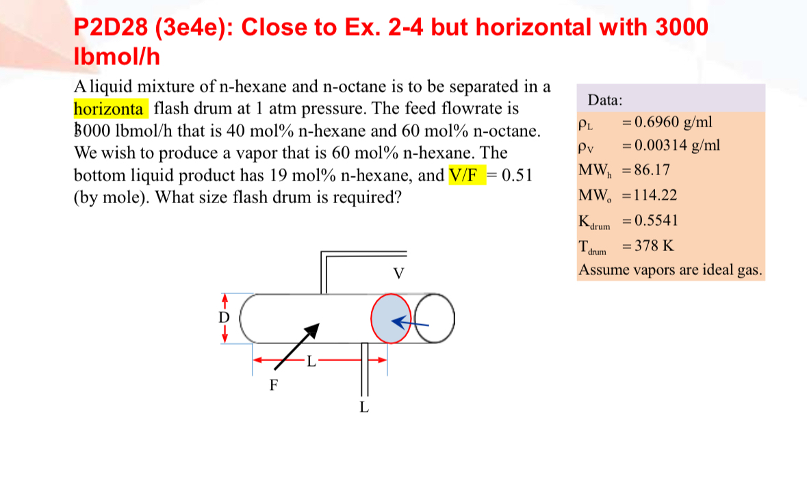  P2D28(3e4e): Close to Ex.2-4 but horizontal with 3000 lbmolh A liquid