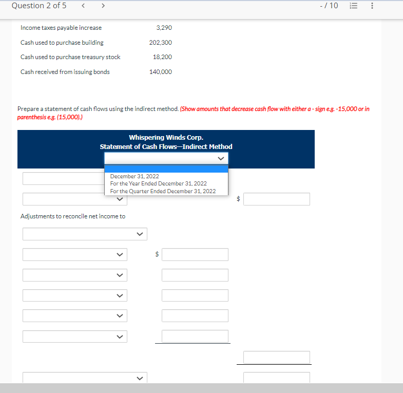 statement of cash flows using the indirect method. (Show amounts that decrease