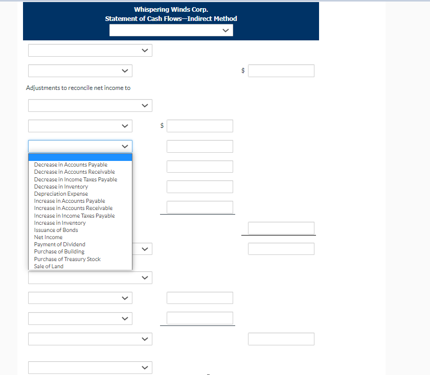 the indirect method. (Show amounts that decrease cash flow with either a