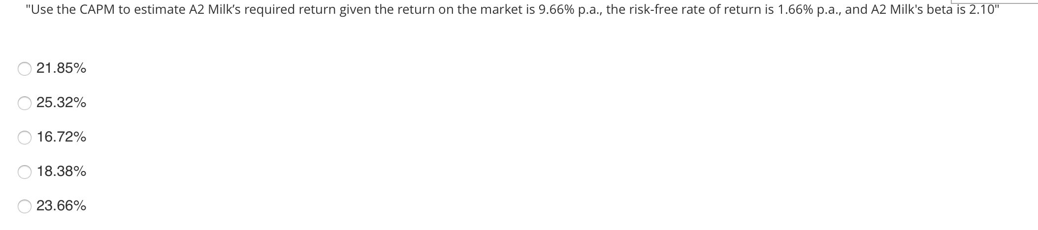  "Use the CAPM to estimate A2 Milk's required return given the