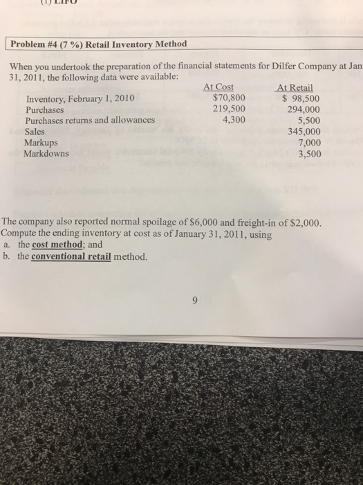  Problem #4 (7 %) Retail Inventory Method When you undertook the