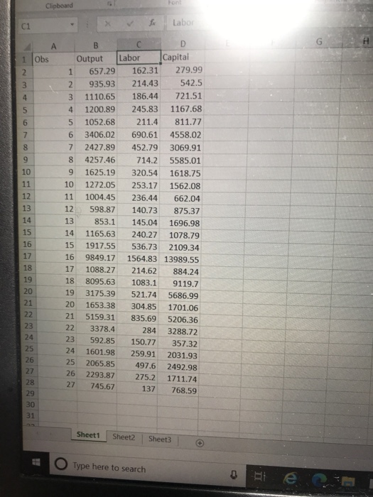 L, hundreds of workers employed per year Capital: K hundreds of machines