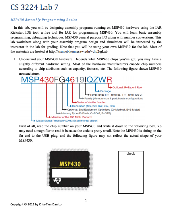  CS 3224 Lab 7 MSP430 Assembly Programming Basics In this lab,