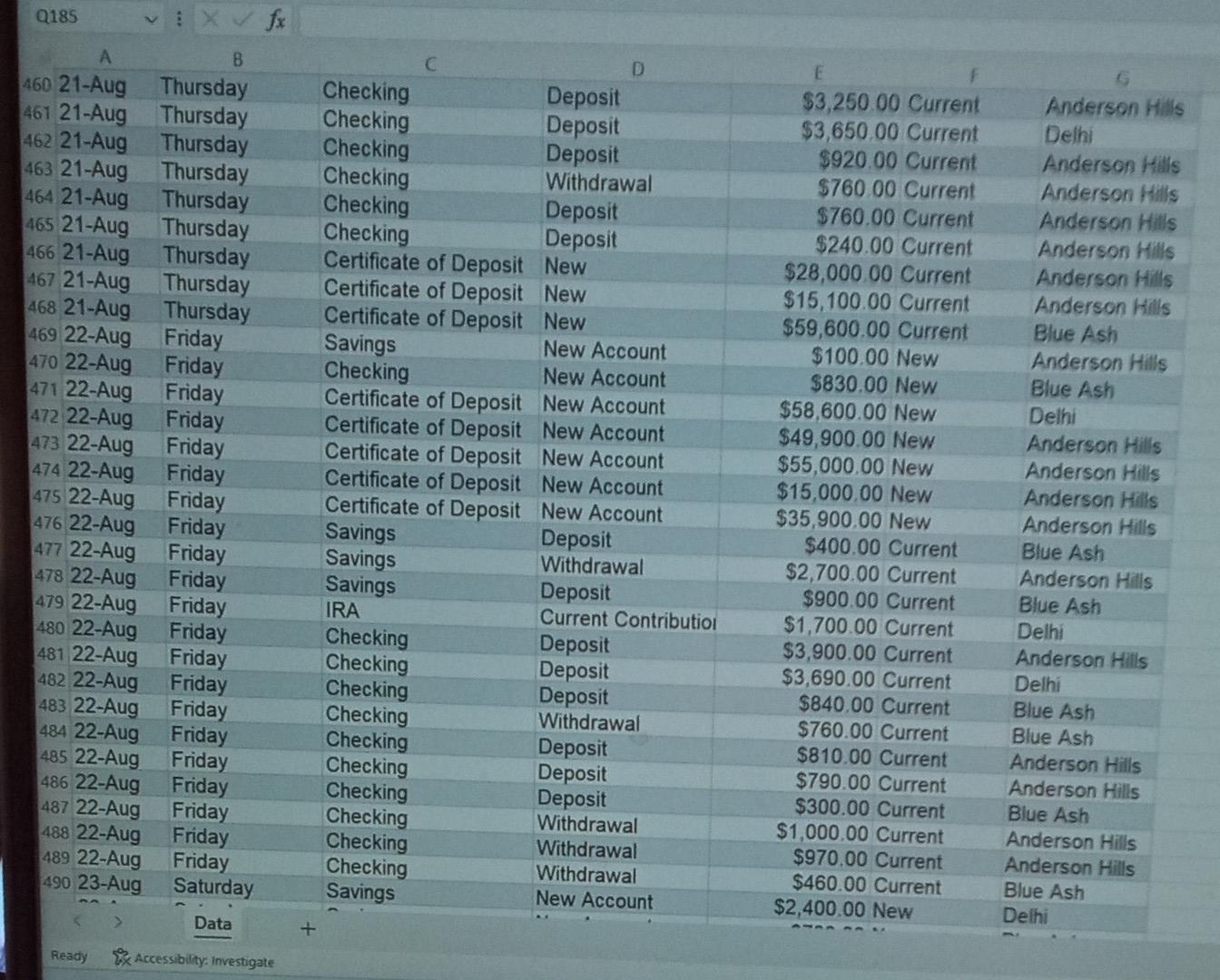 Hills \\ \hline 35/7-Aug & Thursday & Checking & Deposit & $3,110.00