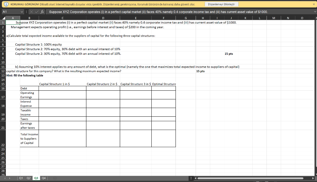 please solve with excel M N 0 1 KORUMALI GRNM Dikkatli olun!