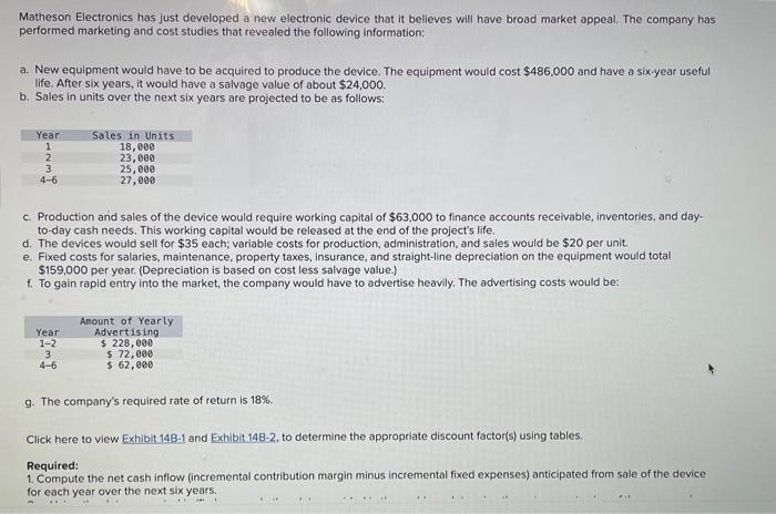  Matheson Electronics has just developed a new electronic device that it
