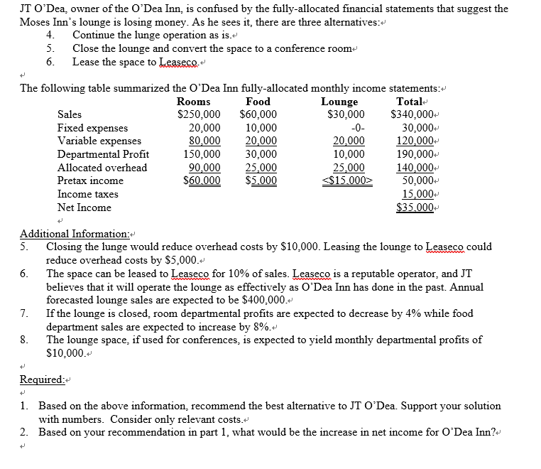of the O Dea Inn, is confused by the fully-allocated financial statements