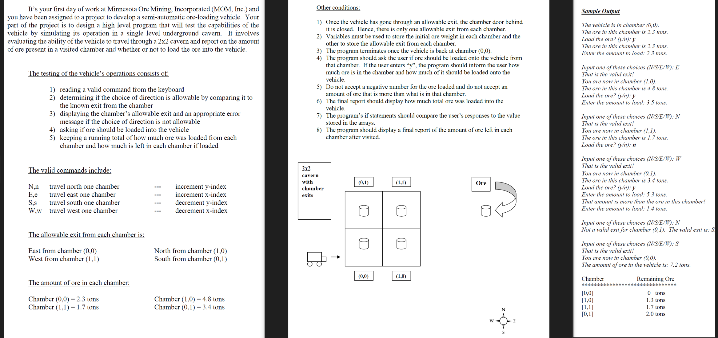  Sample Output The vehicle is in chamber (0,0). The ore in