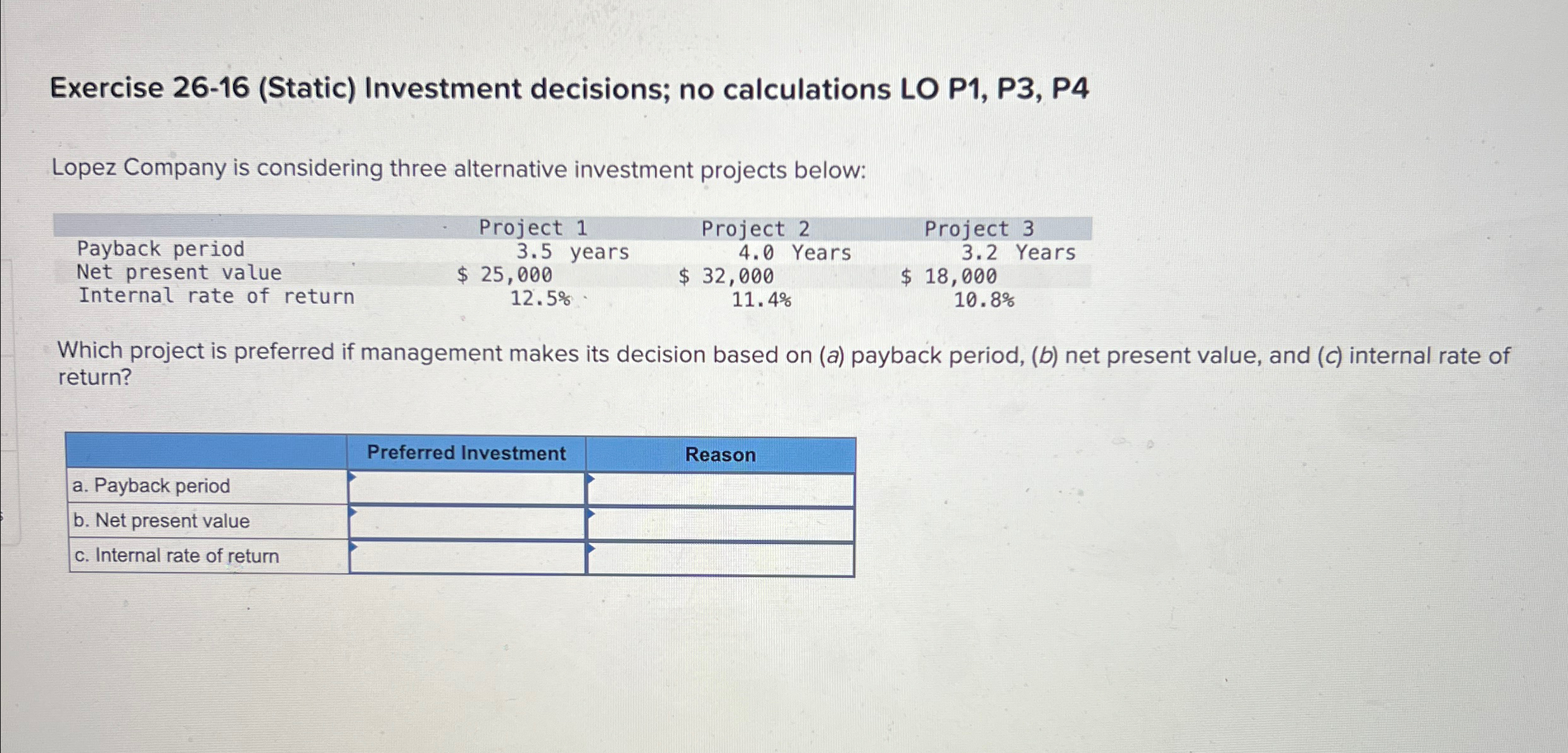  Exercise 26-16(Static) Investment decisions; no calculations LO P1, P3, P4 Lopez