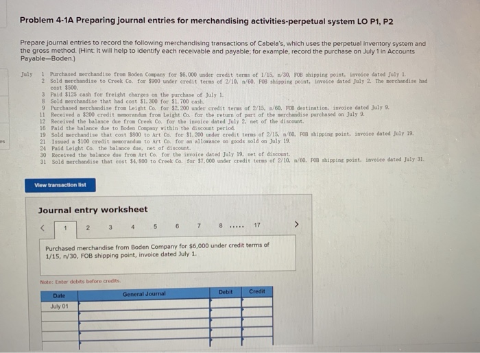  Problem 4-1A Preparing journal entries for merchandising activities-perpetual system LO P1,