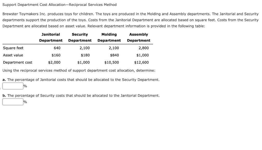 10. Support Department Cost Allocation-Reciprocal Services Method Brewster Toymakers Inc. produces toys