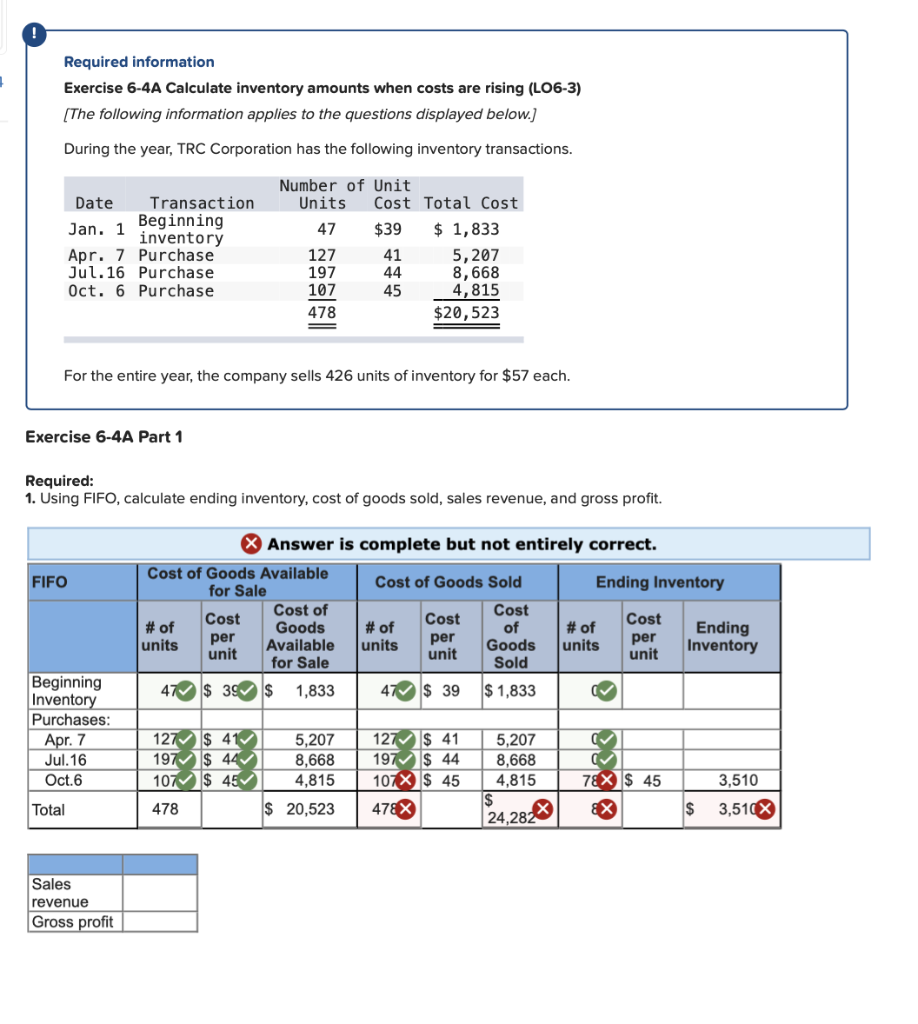 this question has 3 parts Required information Exercise 6-4A Calculate inventory amounts