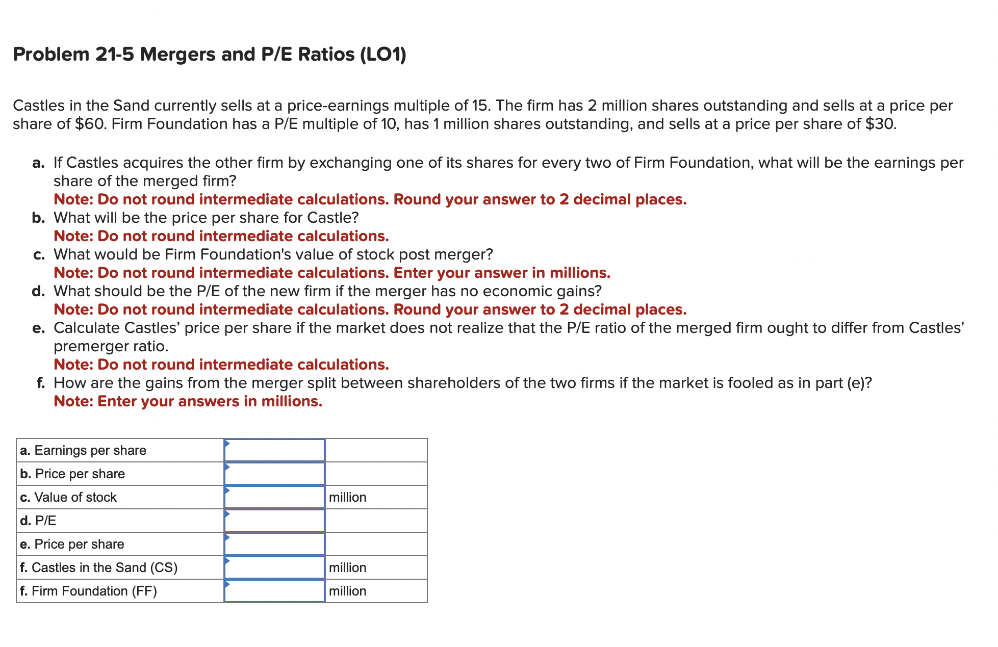  Problem 21-5 Mergers and P/E Ratios (LO1) Castles in the Sand