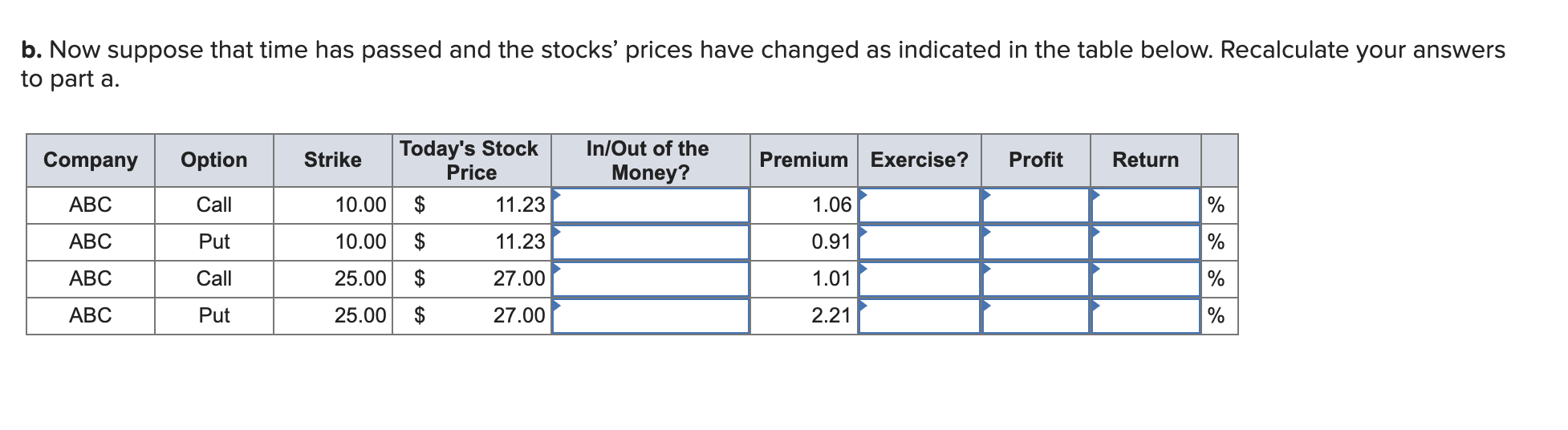 the information given, indicate whether the option is in the money, out