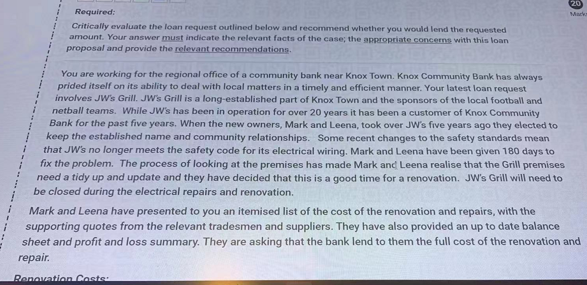  Marks Required: Critically evaluate the loan request outlined below and recommend