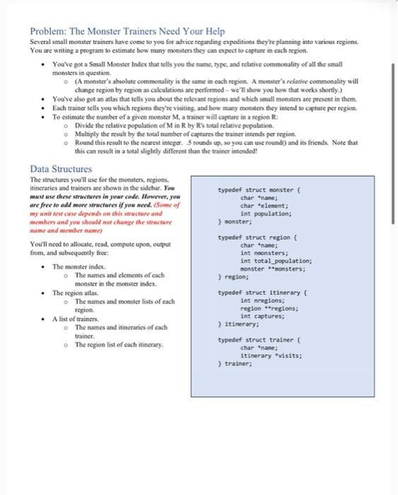 ineed 4 function is the function monster* makeMonster, monster** readMonsters,region** readRegions ,trainer*