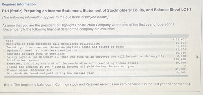  P1-1 Part 1 Required: 1. Prepare a summarized income statement for