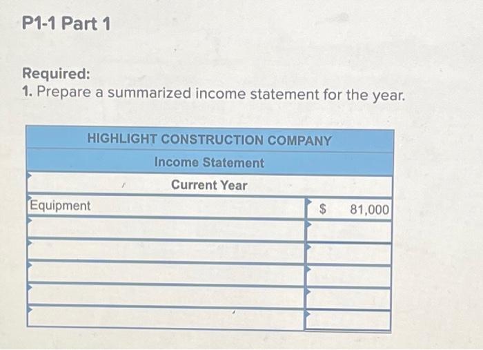 the year. HIGHLIGHT CONSTRUCTION COMPANY Income Statement Current Year Equipment $ 81,000
