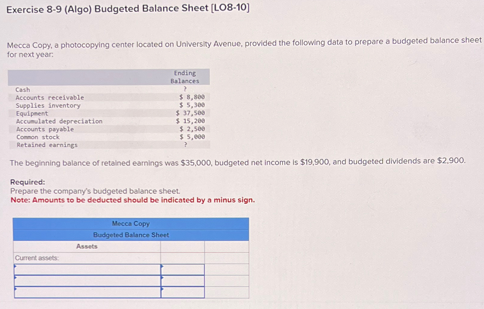 Exercise 8-9(Algo) Budgeted Balance Sheet [LO8-10] Mecca Copy, a photocopying center