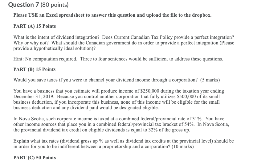  Question 7 (80 points) Please USE an Excel spreadsheet to answer