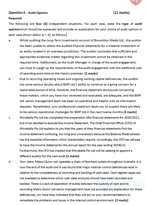  a. b. Question 6 - Audit Opinion (11 marks) Required: The