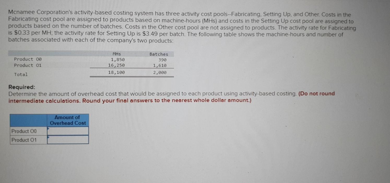 Mcnamee Corporation's activity-based costing system has three activity cost pools-Fabricating, Setting