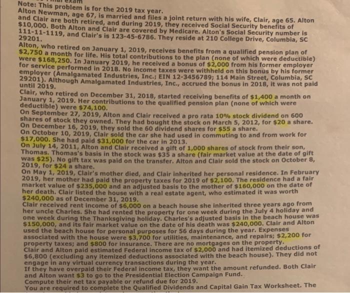 Form 1040Schedule A Schuled 3 Note: This problem is for the 2019