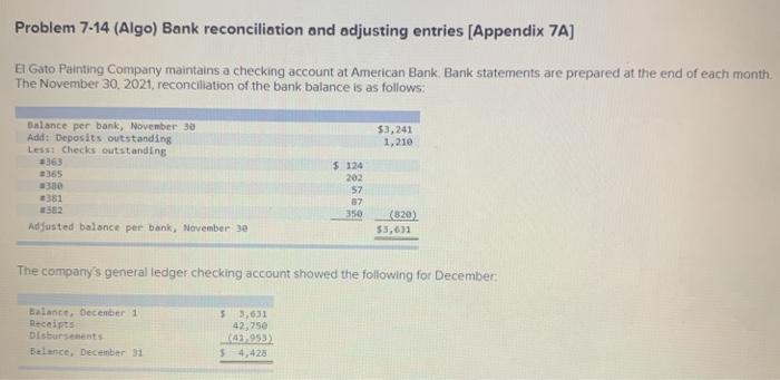  Problem 7-14 (Algo) Bank reconciliation and adjusting entries (Appendix 7A] El