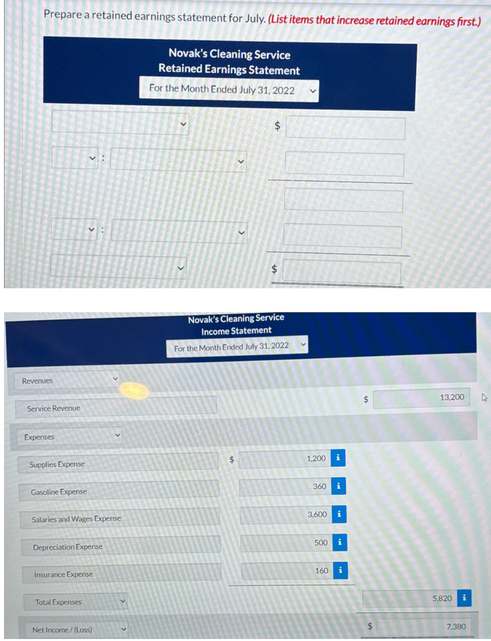  Prepare a retained earnings statement for July. (List items that increase