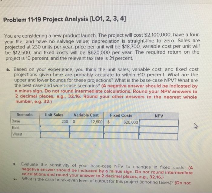  Problem 11-19 Project Analysis [LO1, 2, 3, 4] You are considering