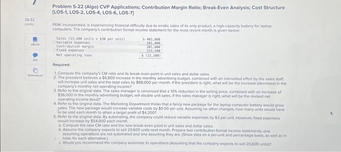 answer all parts pls! Problem 5-22 (Algo) CVP Applications; Contribution Margin Ratio;