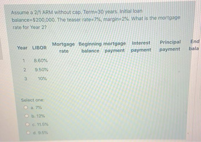 3 Assume a 2/1 ARM without cap. Term=30 years. Initial loan balance=$200,000.