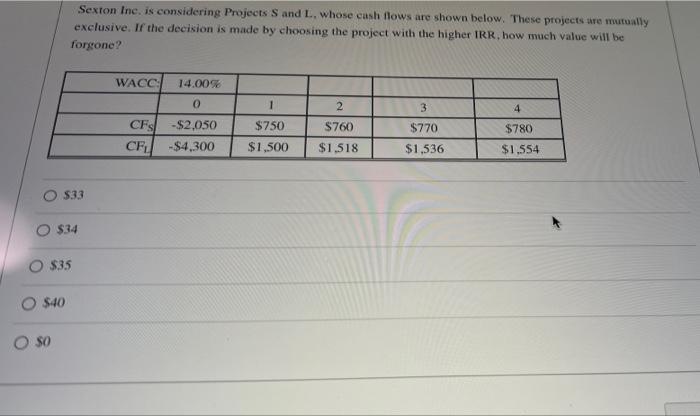 Sexton Inc. is considering Projects S and L, whose cash flows