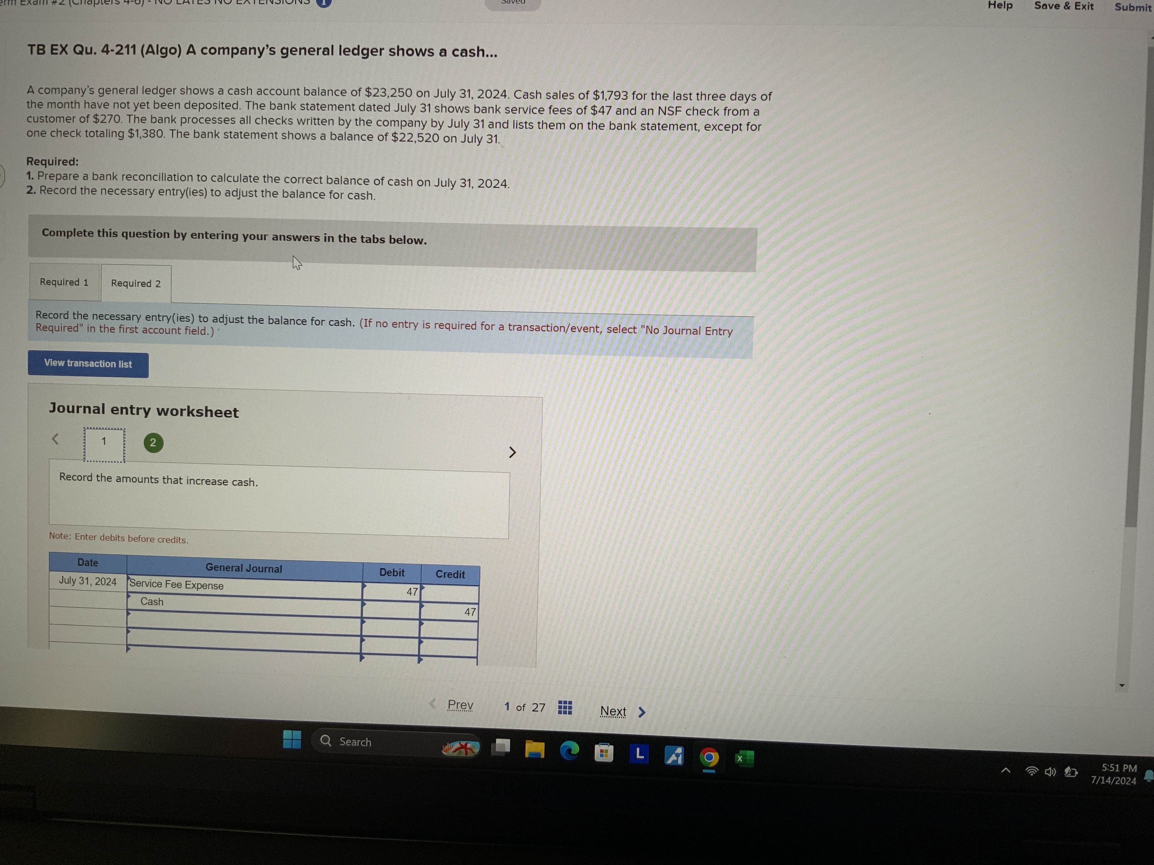  TB EX Qu.4-211(Algo) A company's general ledger shows a cash... A