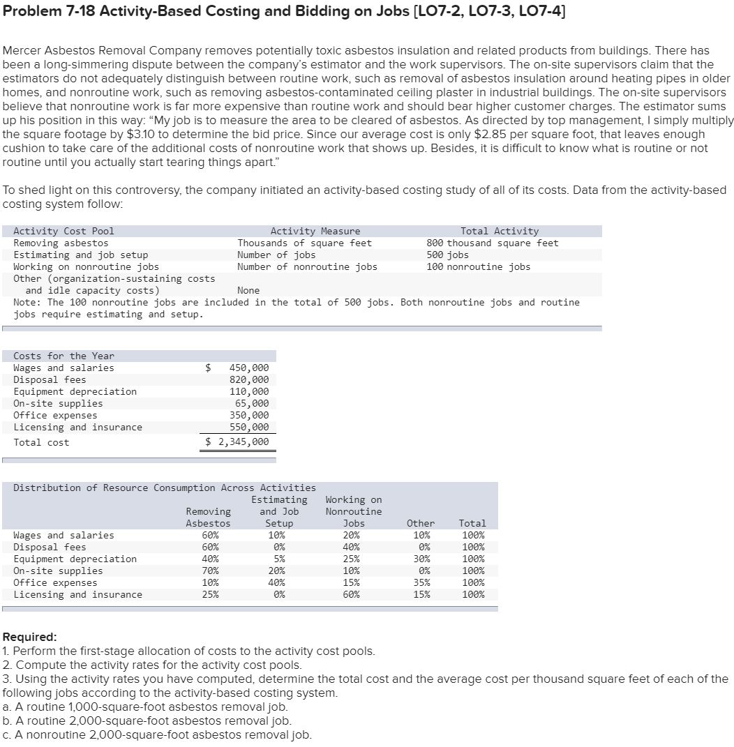  Show work please. Thank you very much! Problem 7-18 Activity-Based Costing